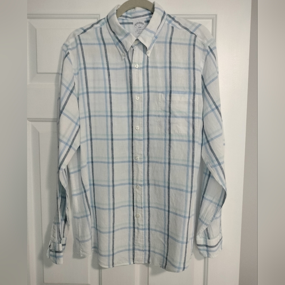 Brooks Brothers Long Sleeve Linen Button Down Blue & White Plaid Shirt